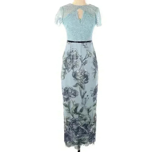 $795 New Marchesa Notte Sequins Embroidered Gown Tiffany Blue Lace Dress 0 Prom - Picture 6 of 8